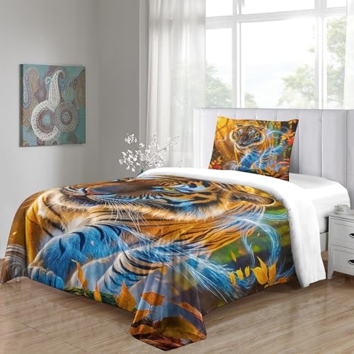 Linge de lit tigre 3D microfibre 135x200cm anti-pli avec fermeture éclair cachée