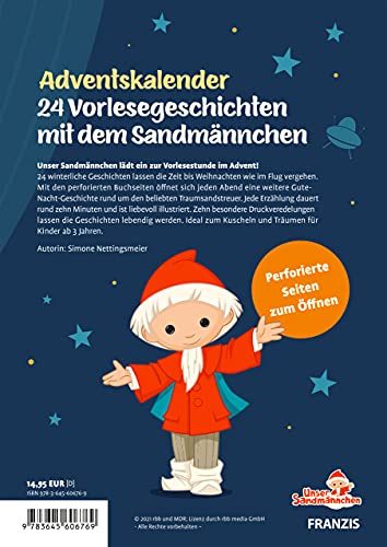 FRANZIS 60676 - Adventskalender 24 Vorlesegeschichten mit dem Sandmännchen, Spezialdruck zum Anfassen und Staunen, für Kinder ab 3 Jahren