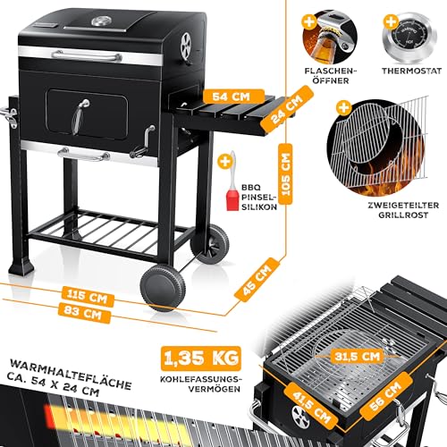 Miniatura 7 de KESSER® Parilla de Carbón con Carrito Grill con Tapa, Ruedas, Mango de Acero Inoxidable | Barbacoa y Termómetro Carbón Grande BBQ Asador Camping, Terraza, Jardín XL Negro