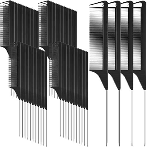 48 Pieces Pintail Comb Rat Tail Comb Carbon Fiber Teasing Comb Parting Sectioning Comb Anti-Static Heat Resistant Steel Tail Comb for Hair Styling Salon Home