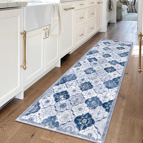KILOCOCO 2x6 Runner Rug, Moroccan Super Soft Washable Hallway Entryway Runner Rug, Accent Print Faux Wool Kitchen Runner Rug 6 Feet Non-Slip Boho Rug Runner for Laundry Room Bedroom, Blue/Grey/Multi