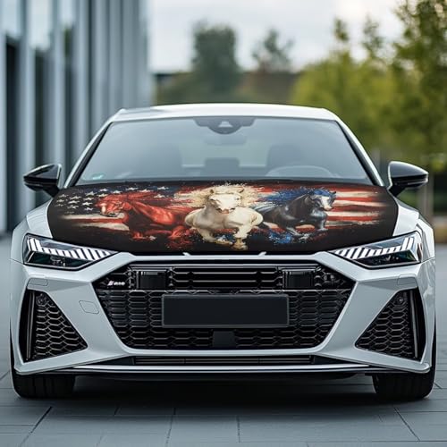 Image of Car Hood Cover Protector Scratch Auto Hood Wrap Blanket Auto Exterior Accessories Patriotic Decorations for Sedan SUV Pickup Truck Jeeps (American Flag Horse Design)