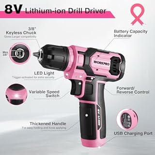 WORKPRO Pink Cordless Drill Set, 8V Impact Drill Driver with 53pcs Bit Set, 2.0Ah Electric Power Drill Kit with 3/8" Keyless Chuck and Variable Speed Trigger, Portable for DIY- Pink Ribbon