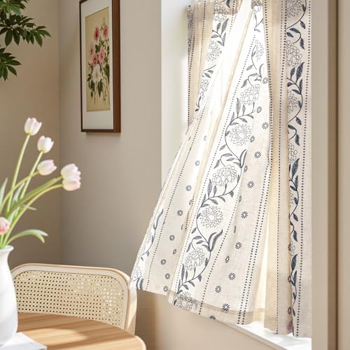 Image of jinchan Blue Floral Linen Kitchen Tier Curtains 45 Inches Back Tab 2 Panels