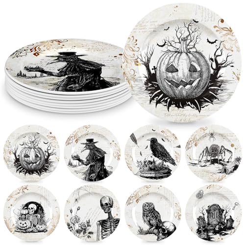 LOYIM 8 Pcs Vintage Halloween Dinnerware Set Halloween Plates Serving Dishes 8 Inch Reusable Gothic Dinnerware Set Salad Dessert Plates for Indoor and Outdoor Use Kitchenware Gift(Retro)
