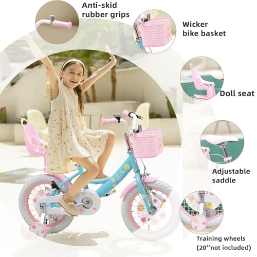 Image of Girls Bike with Basket for Toddlers and Kids Aged 3-14 Years Old, 12 14 16 18 Inch with Training Wheels & Doll Seat, 20 Inch with Kickstand & Rear Rack, Princess Style Bicycle for Gift.