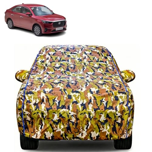 Image of Waterproof Car Body Cover for Honda Amaze with Mirror Pocket| Cotton Inner Lining | Triple Stitched | All Weather Protection | Dust, UV & Rain Proof (Camouflage with Blue Piping)