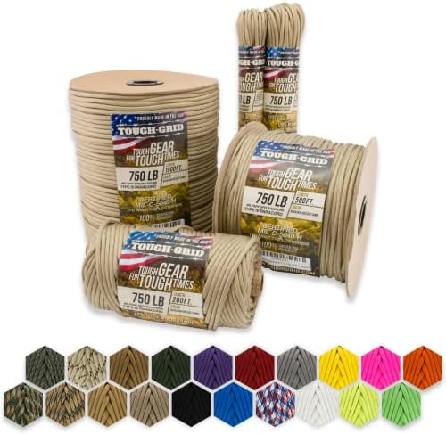 TOUGH-GRID 750lb Buckskin (Desert Sand) Paracord/Parachute Cord - 100% Nylon Mil-Spec Type IV Paracord Used by The US Military, Great for Bracelets and Lanyards, 200Ft. - Buckskin (Desert Sand)