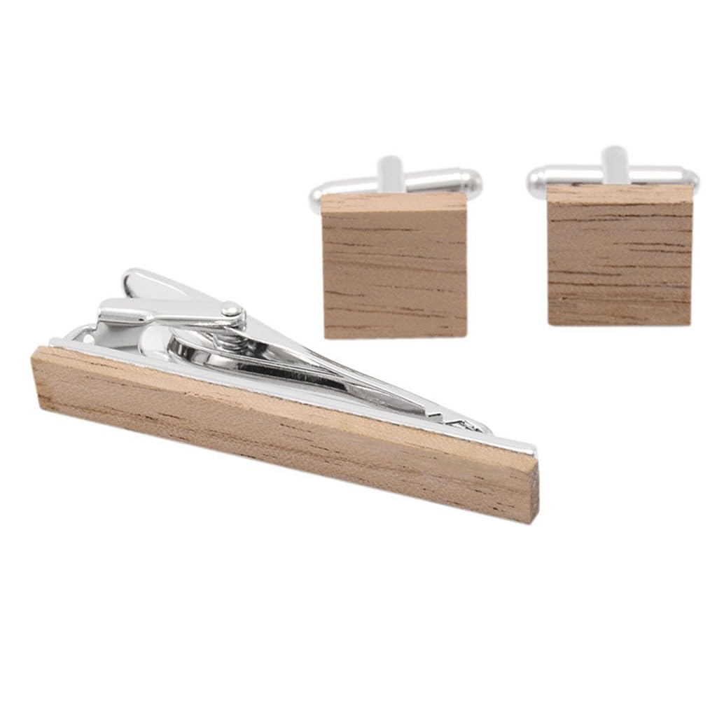 Krawattenklammern Metall Massivholz Vintage Herrenkragen Clip Holzkrawatte Cufflinks Set (D_D)