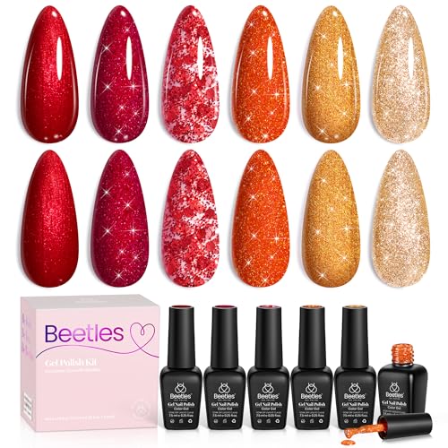 Image of Beetles Fall Glitter Gel Polish, Passion Rush Red Orange Gold Glitter Nails