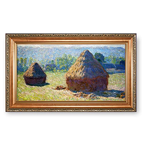 Haystacks end of Summer by Claude Monet The World Classic Art Reproductions,Framed Art for HomeDecor,Image Size:24x12 inches,Luxurious Gold Embossing Framed Size:28.5x16.5 inchs