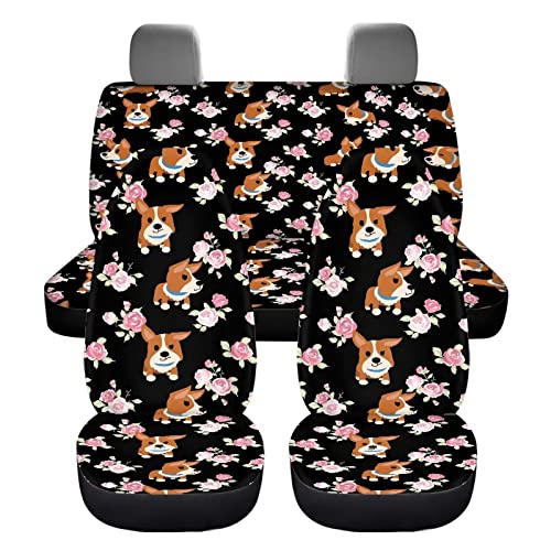 Image of Modysero Cartoon Corgi Rose Print Car Seat Cover Full Set Novelty Soft Elastic All Season Automotive Seat Cover for Women Universal Auto Seat Cover Accessories Fit Most Cars Vehicles