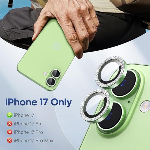 Image of for iPhone 17 Camera Lens Protector Bling, Individual Diamond Metal Ring with 9H Hardness, Scratch-Proof Camera Screen Protector, Stylish Accessories, Case Friendly (Green)