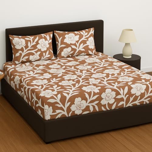 Image of Elastic Fitted Bedsheets with 2 King Size Pillow Covers | Double Bed with All Around Elastic, Size 72 x 78 x 8 Inches (Brown Floral)
