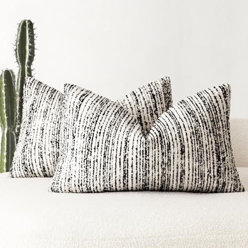Image of Foindtower Set of 2 Faux Fur Textured Modern Throw Decorative Pillow Covers Lumbar Accent Striped Cushion Sherpa Boho Farmhouse Pillowcase for Couch Living Room Home Decor 12x20 Inch,Black and White