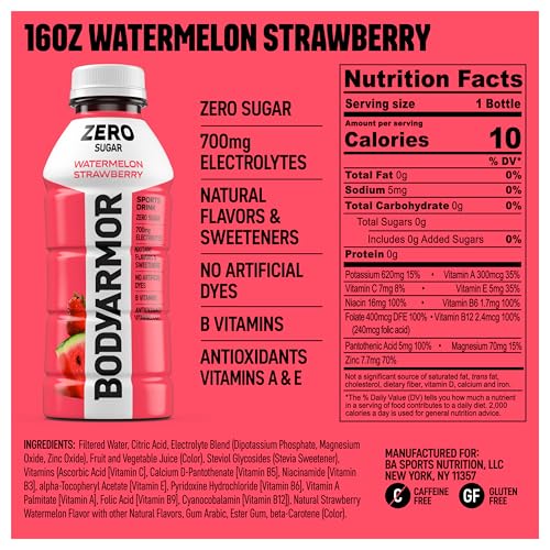 Image of BODYARMOR ZERO Sugar Watermelon Strawberry Electrolyte Drink, Natural Flavors, 16 Fl Oz Bottles (12 Pack), B Vitamins & Antioxidants Sugar Free Hydration