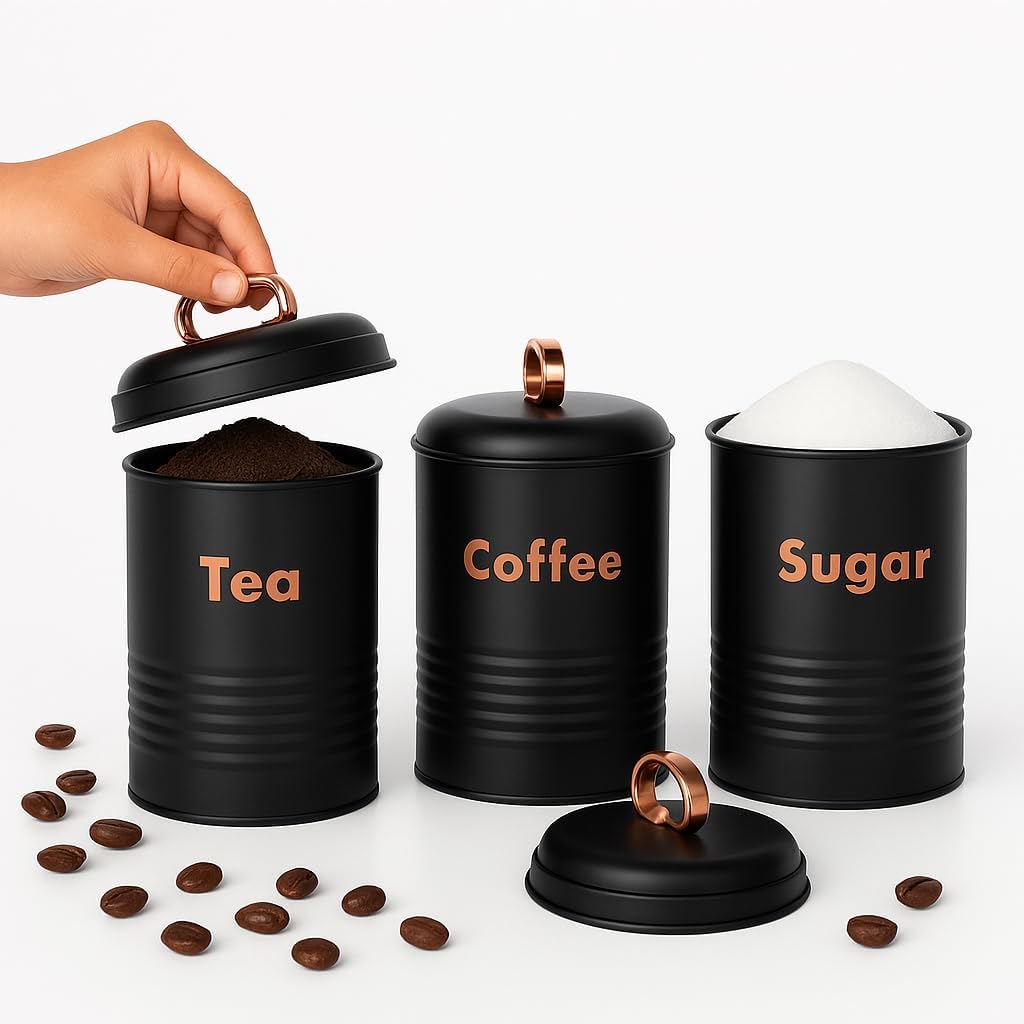 Premium Tea Coffee Sugar Container Set for Kitchen | Galvanized Metal Storage Jars with Lid | Matte Black Finish with Copper Text | Modern Kitchen Storage Canisters