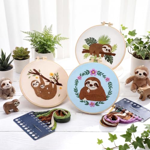Image of Mindsoft 3 Set Needlepoint Kit for Beginners with Hoop,Sloth | Bamboo Hoop Thread Needles Instructions, Easy Hand Embroidery for Beginners Home Crafts,Pre-stamped Funny Cute Designs