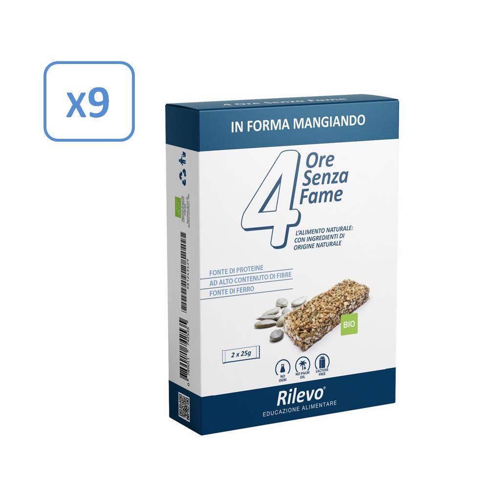 Rilevo- 4 Ore senza Fame Bio- 9 Confezioni Singole da 2 barrette da 25 grammi - (18x25 gr) Barrette Spezzafame sani composti da Semi, Cereali, Noci e Miele Millefiori- 100% Biologico