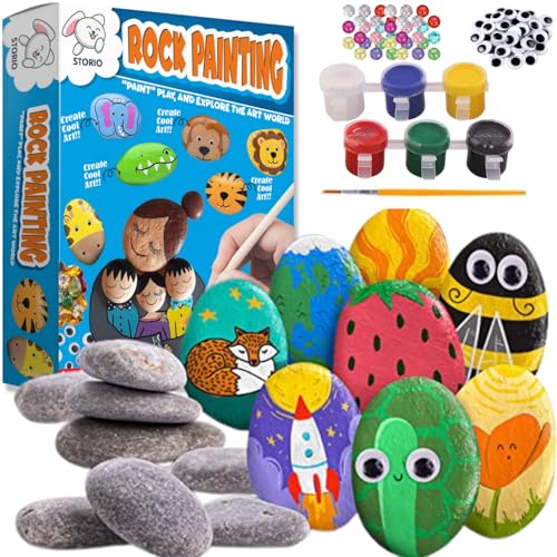 Image of Storio Rock Painting Kit with Googly Eyes, Gems, Water Colours, Arts and Crafts Activity Set for Kids 4+ Years, Gift for Boys and Girls, Multicolor