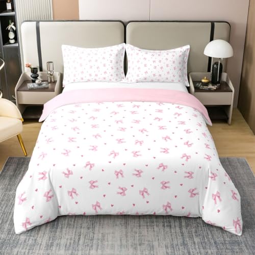 Homewish Weiß Mit Rosa bettwäsche Baumwolle Schleifen 220x240cm Aesthetic Rosa Schleifenmuster Bettbezug Set für Jugendliche,Bowknot Herz Muster Kinderbettwäsche Mädchen Und Prinzessin Bettset Weich