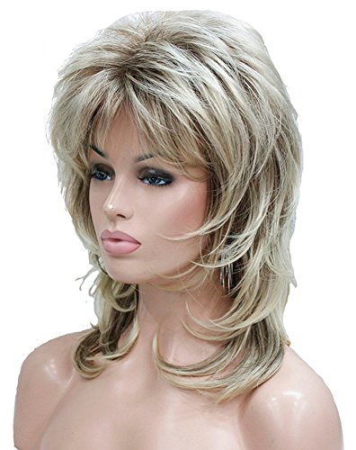 HAIRSW Lady Women Blonde With Dark Root Medium Length Cascaded Layers Synthetic Hair Full Wig