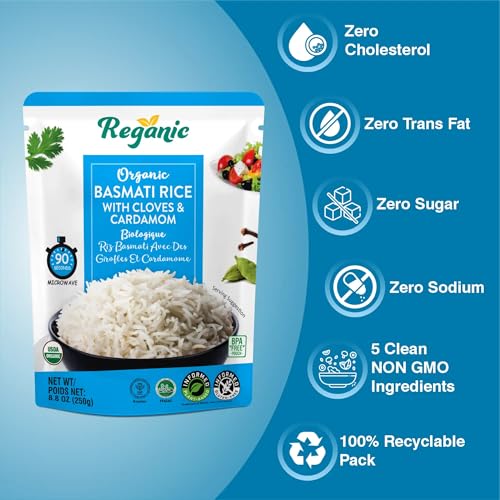 Image of Reganic Organic Basmati Rice with Cloves & Cardamom, USDA Organic, 6g Protein, Aromatic & Fluffy, 100% Recyclable Microwave Pouch Ready in 1.5 Minutes, Gluten-Free Non-GMO, 8.8 oz, Pack of 6