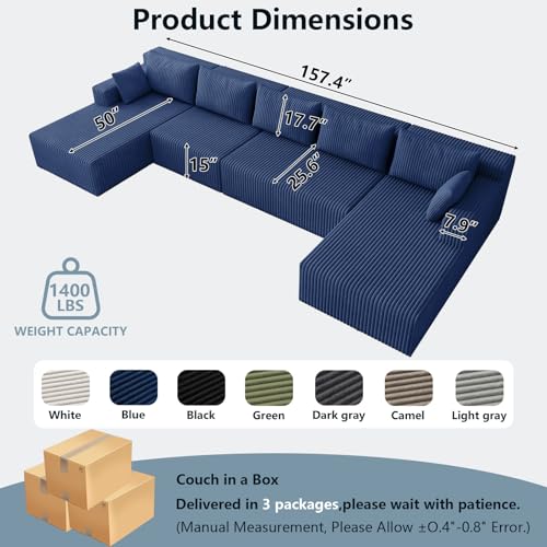 Image of 160 inch W Modular Sectional Sofa,Modern U-Shaped Cloud Couch with Deep Seat,Comfy Corduroy Sofa for Living Room,No Assembly (Blue)