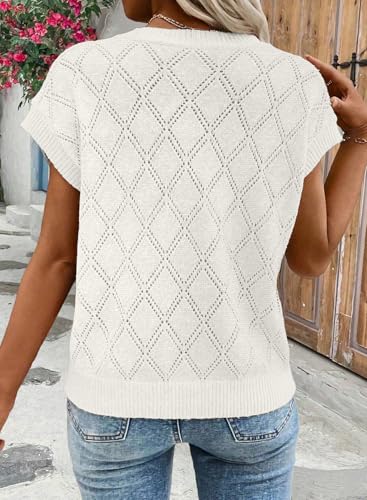 Image of SHEWIN Womens Tops Crewneck Cable Knit Short Sleeve Sweater Loose Lightweight Blouses Dressy Casual Pullover Sweaters Top