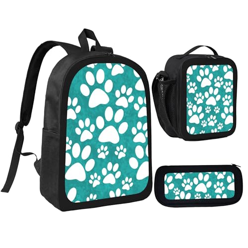 Animal Cute Paw 3 Pcs 17 Inches Backpack Set with Insulated Lunch Bag And Pencil Pouch Large Back Pack for Men Women Lunchbox Pencil Case Waterproof Backpacks Lunch Box 3 Piece Daypacks