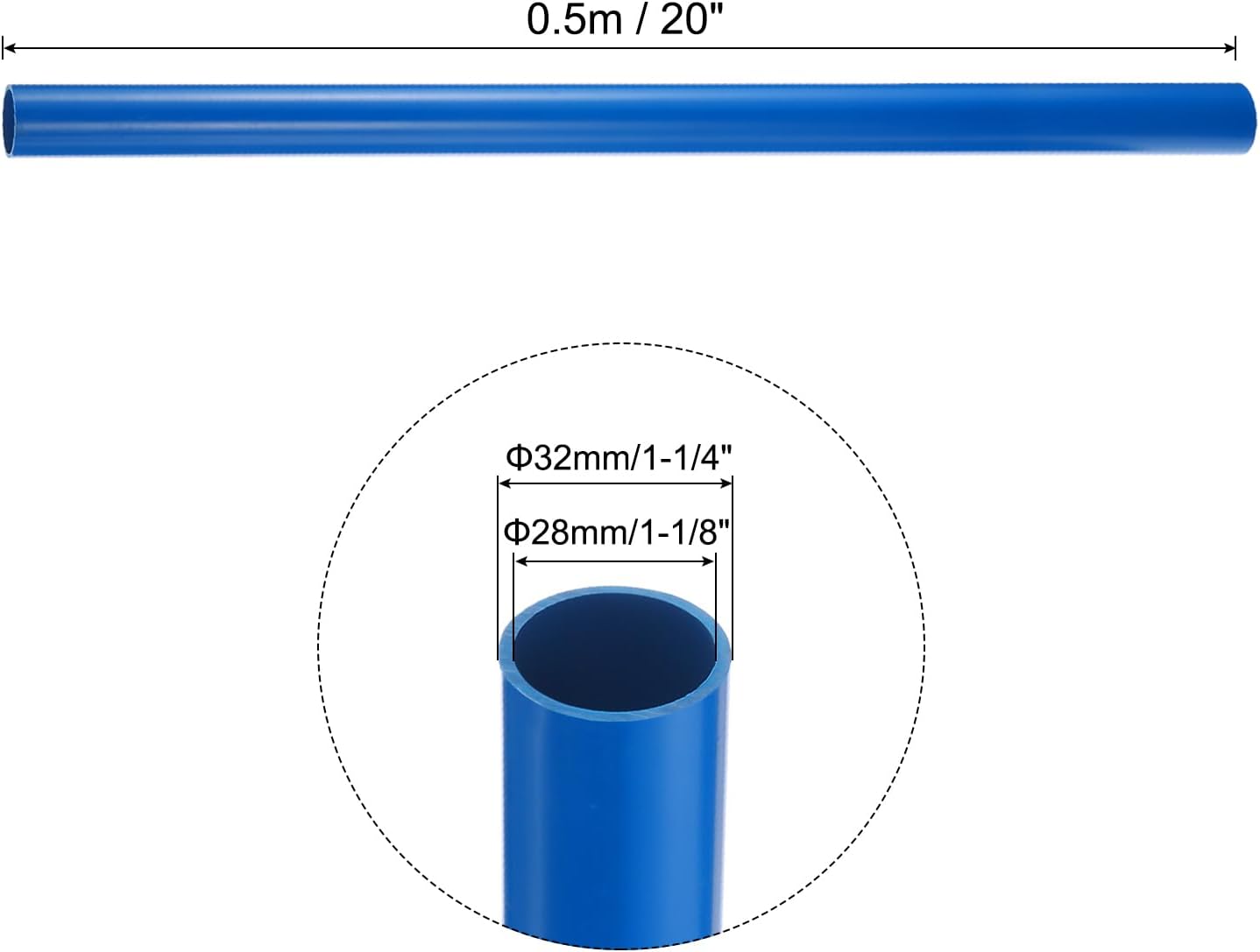 1-1/8" x 1-1/4" PVC Pipe 20" Plastic Rigid Tubing Round High Impact Drain Pipe, [for Greenhouse Garden Home HVAC Plumbing] - 28mm x 32mm / Blue
