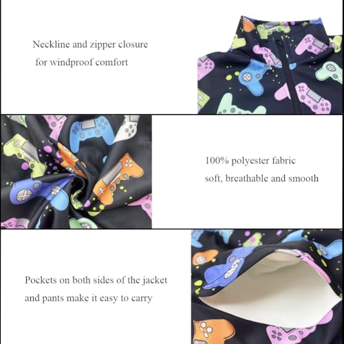 Image of SQPO Girls' Boys' Two-Piece Sportswear Retro Gamer Controller Zippered Lapel Long-Sleeved Jacket And Sweatpants Kids Set XX-Large 170
