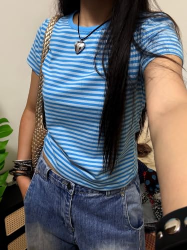 Image of Cute Striped Graphic Tees for Women Y2k Short Sleeve Preppy Teen Crop Tops