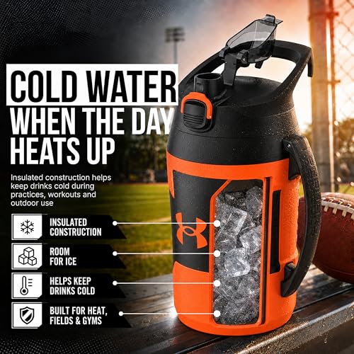 Image of Under Armour Insulated Water Bottle with Handle & Fence Hook, Half Gallon Sports Water Jug, Leak-Resistant & BPA-Free for Baseball, Football & Gym - Blaze Orange /Black, 64oz