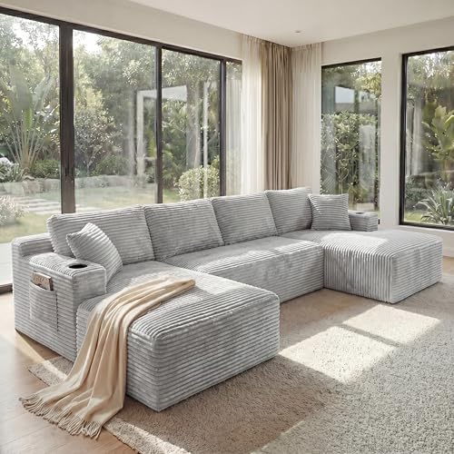 Image of 133 inch Oversized Cloud Boneless Sofa Couch with Chaise, Modern Corduroy Modular Sectional Sofa with Deep Seat, Comfy Couch with cupholders and Storage, No Assembly Required-Light Grey