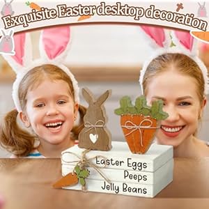 Ferraycle 4 pcs easter table decor wooden sign happy easter farmhouse wooden block decorative book tiered tray easter decor rustic spring decoration for fireplace living roombunny carrot style  urban country home decor