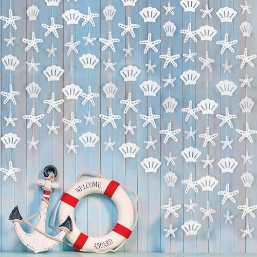 Image of 8 Pack Pearlescent Starfish & Shell Paper Hanging Decorations - Coastal Nautical Garland for Under the Sea, Beach Wedding, Mermaid Party, Birthday, Baby Shower, and Ocean-Themed Party Decor