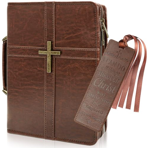 Bible Cover Case PU Leather Bible Bag for Men with Leather Bookmark Pen Slots Handle Strong and Sturdy Church Bag Christian Gifts for Men and Women Fits Standard Size Bibles (Brown)