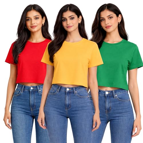 Image of Hangout Hub Women Crop Top T-Shirts | Round Neck Plain Solid Tshirts | Double Weaved | Shrink Free Tees | Casual T-Shirt for Woman Ladies Girls(Cotton|Pack of 3)
