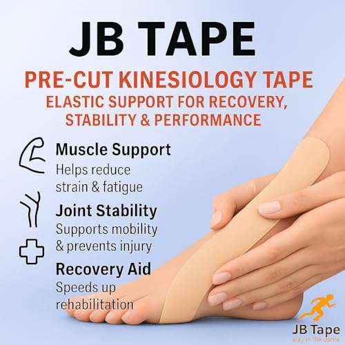 Image of JB Tape Kinesiology Tape, Beige, 80 Precut 10-Inch Strips, 4 Rolls | Elastic, Latex-Free, Water Resistant, Athletic Muscle & Joint Support