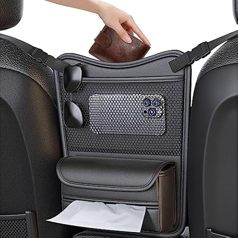 COGEEK Car Organizer Storage Between Seats, Nappa Leather Car Headrest Hanging Storage Bag Car Pocket Purse Holder Car Snack Holder Automotive Console Organizer for Travel, Driving Cover