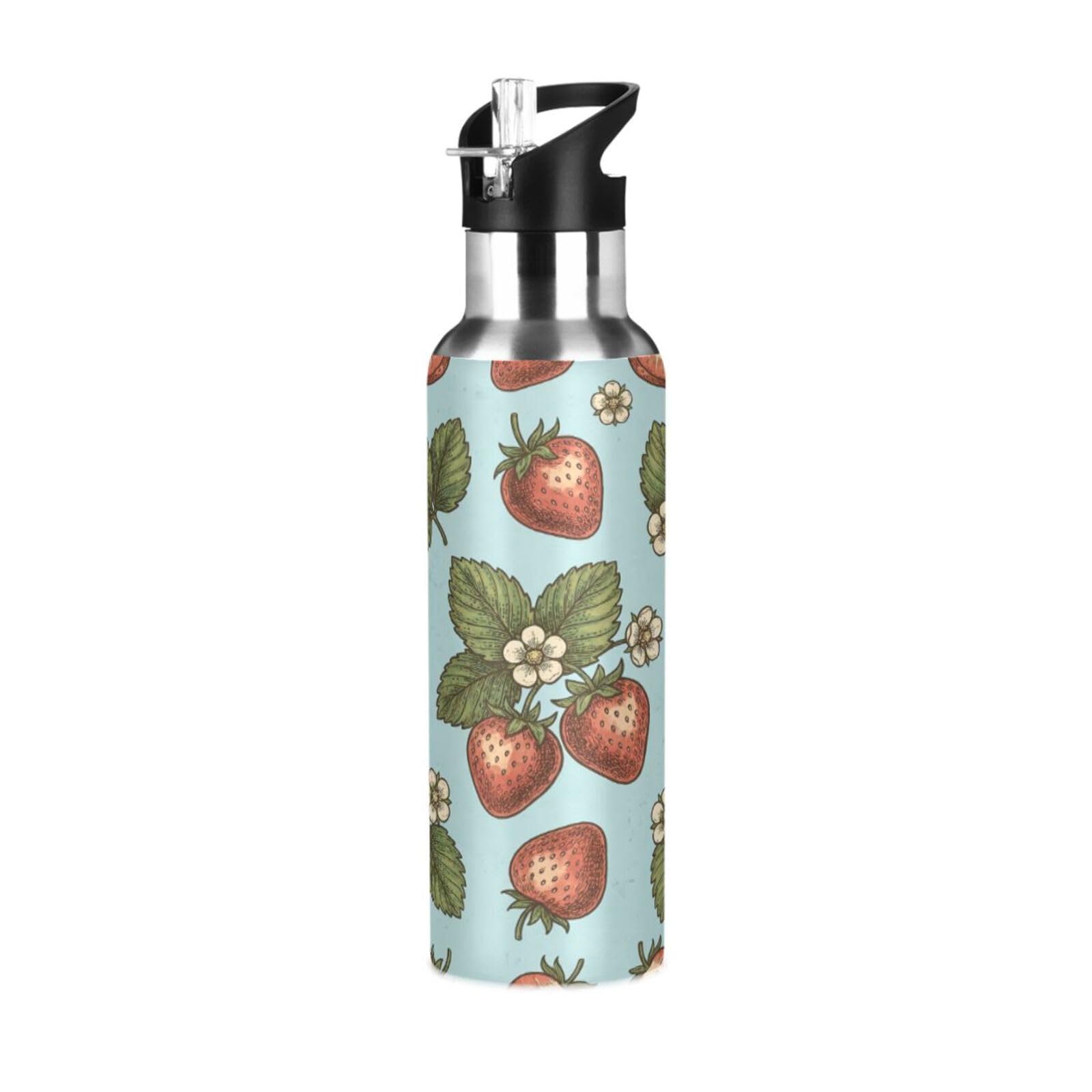 BOESI Strawberry Pattern Insulated Water Bottle 600ml, Stainless Steel Vacuum Sports Bottle with Straw, Leak Proof Thermal Bottle for Gym Travel Outdoor