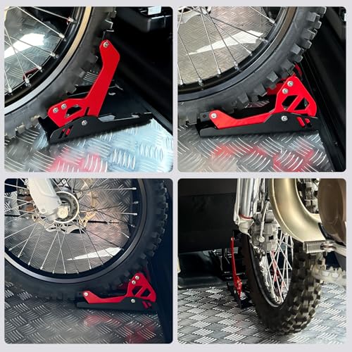 Image of Heavy-Duty Steel Motorcycle Wheel Chock for Trailer Mount | Anti-Rust Black /Red Design | Universal Front Wheel Chock Stand for Dirt Bikes & Motorcycles | Compact & Portable (5.3 inchH x 10.8 inchL x 6.1 inchW)