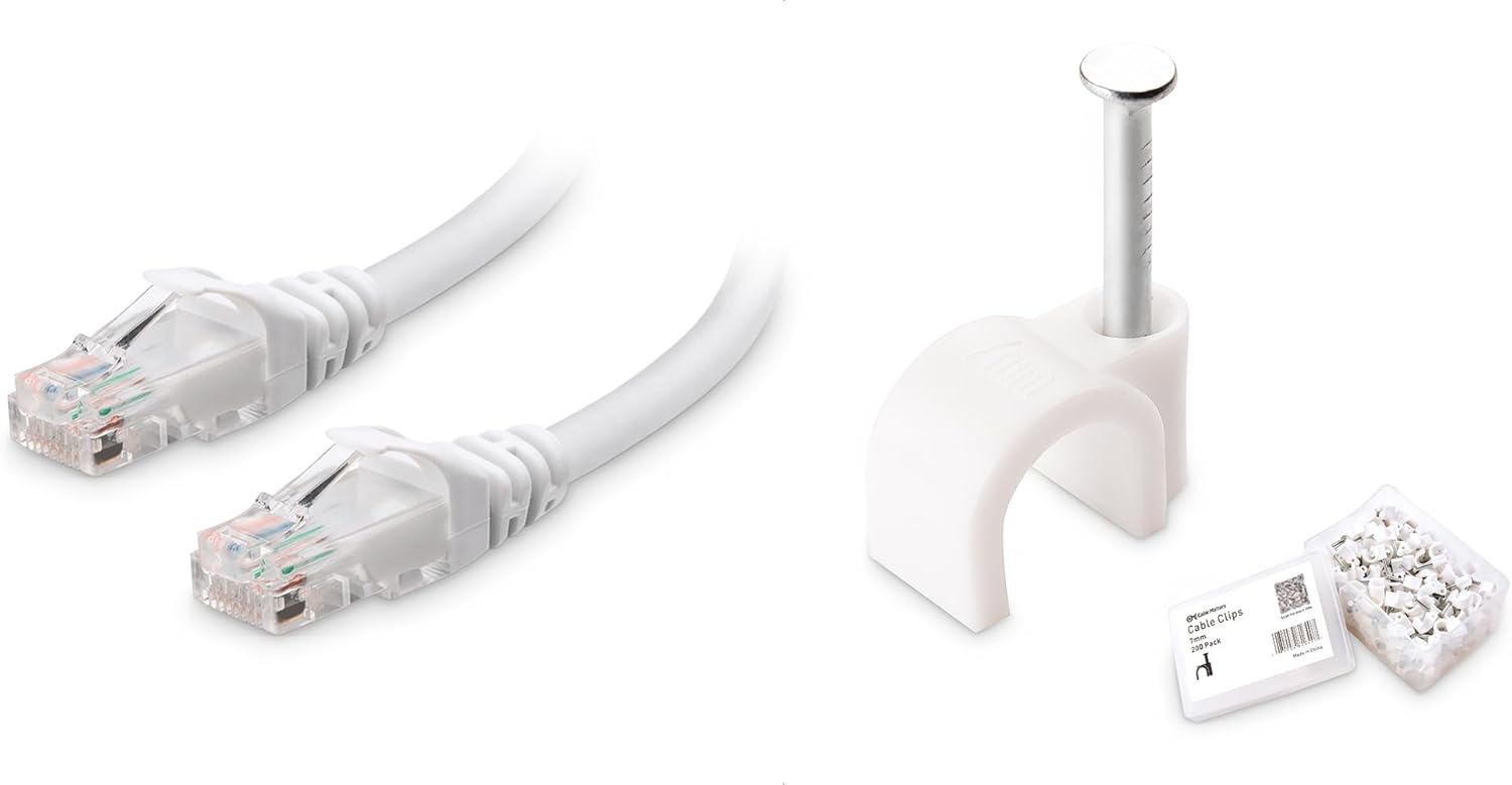 Cable Matters Snagless Long Cat6 Ethernet Cable (Cat6 Cable, Cat 6 Cable) in White 50 ft & 200-Pack Nail-in Cable Clips Cord Organizer
