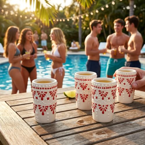 Image of Talavera Shot Glasses Set of 4 Authentic Mexican Tequila Shot Glasses - Hand-painted - 2 Oz (Cascada Sangria Red)