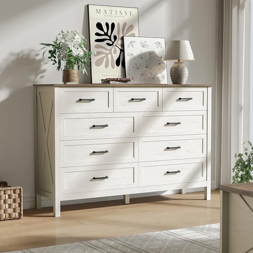 BAZELOR Farmhouse 9 Drawers Dresser for Bedroom 37 Inch Tall Wood Rustic Wide Chest with Natural Texture Large Dressers for Bedroom Hallway Entryway Antique White