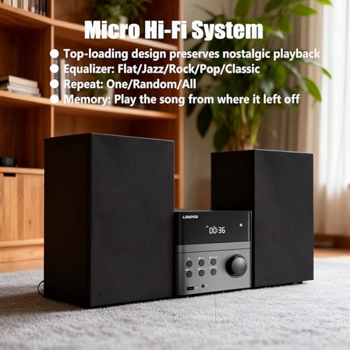 image for LONPOO Compact Micro Hi-Fi Stereo System with CD Player, Bluetooth, FM