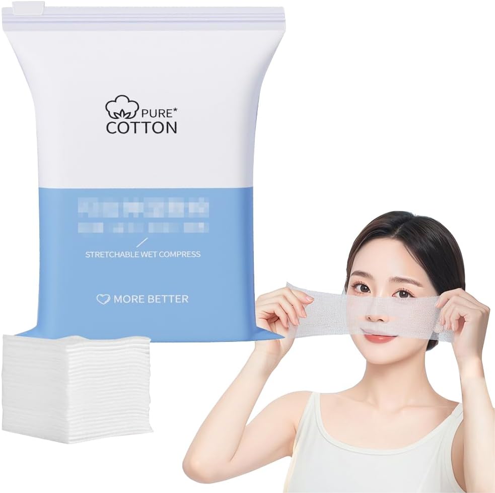 200PCS Makeup Wet Cotton Pads for Face Stretchable Wet Compress Cosmetic Cotton Pads with Hole Tear Mask Paper Towel Makeup Remover Cotton Sheets Moisturizing Facial Makeup Pads