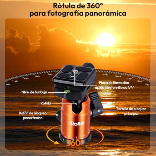 Miniatura 2 de Rollei Compact Traveler No I Carbon I Naranja I Trípode De Viaje Ligero I Trípode Fotográfico De Tamaño Compacto I Rótula De Bola Y Bolsa Para Trípode