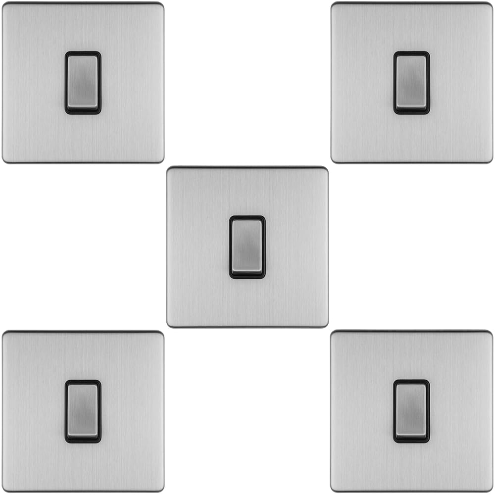 5 Stück 1-Gang-Lichtschalter, schraubenlos, satinierter Stahl, 2-Wege, 10 A, schmaler Wippschalter – dekorative Küche, Wohnzimmer, Schlafzimmer, Teller